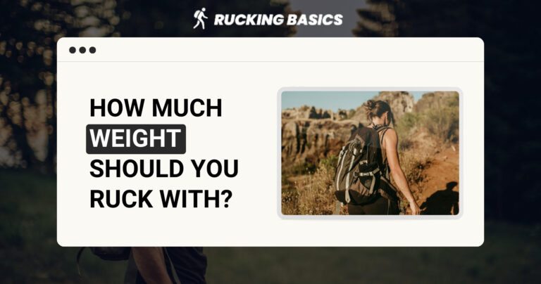 A web page mockup with the title "How Much Weight Should You Ruck With?" in bold text. The image shows a person hiking through a rocky, sunlit landscape, carrying a large rucksack. The person's back is to the camera, emphasizing the weight and size of the pack, relevant to the topic of determining appropriate rucking weight.