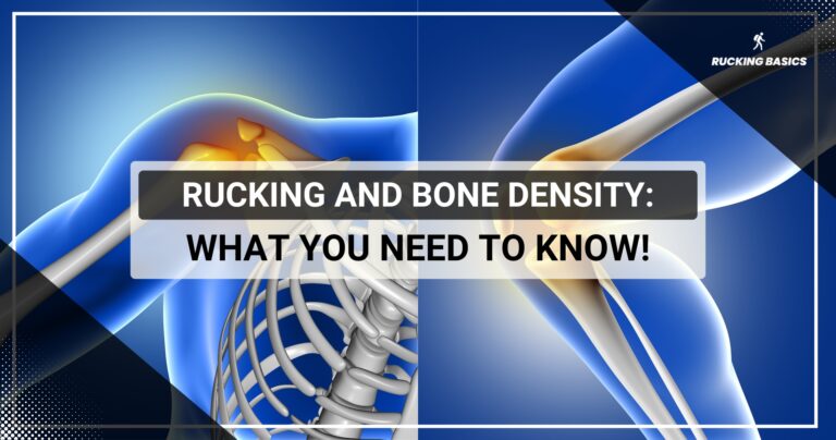 An abstract medical illustration showing a close-up of bones, including a highlighted joint and ribcage, emphasizing bone structure and health. The title "Rucking and Bone Density: What You Need to Know!" is overlayed in bold text, focusing on the relationship between rucking and bone density.