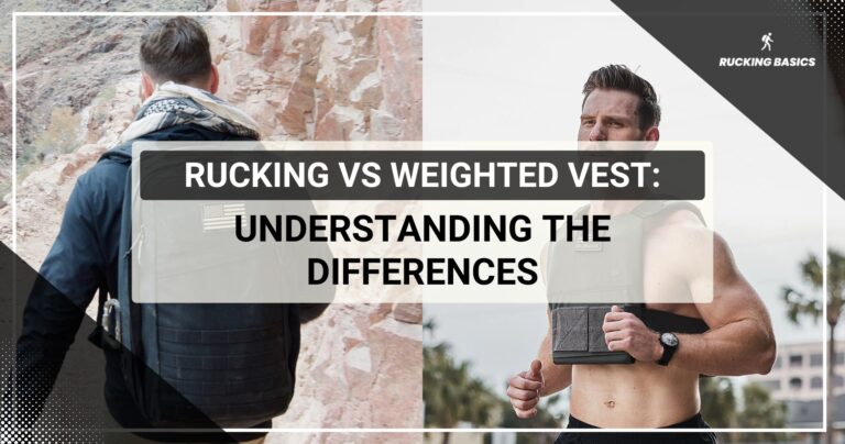 A split-image comparison showing a man rucking in a rocky outdoor environment on the left and another man jogging with a weighted vest in an urban area on the right. The title "Rucking vs Weighted Vest: Understanding the Differences" is prominently displayed over the image, highlighting the comparison between these two fitness activities.