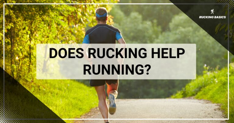 The image shows a male runner from behind, jogging on a leafy trail. The image is bright and sunny, highlighting a lush green environment. At the top, there's a semi-transparent overlay containing the text "DOES RUCKING HELP RUNNING?" in bold white letters. On the right side of the image, there's a small logo that says "RUCKING BASICS" with a silhouette of a person walking with a backpack.