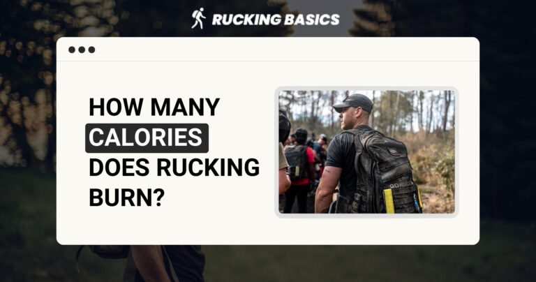 A group of people rucking outdoors with backpacks, accompanied by text 'How Many Calories Does Rucking Burn?' on a digital interface. Highlights the calorie-burning potential of rucking as an outdoor exercise.