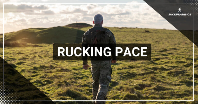 The image shows a man with gray hair rucking through an open grassy field. He is wearing camouflage pants and a dark jacket, with a rucksack on his back. The sky is partly cloudy, and the sun casts a warm light on the scene. The words "Rucking Pace" are displayed boldly across the center of the image. The logo "Rucking Basics" is in the top right corner.