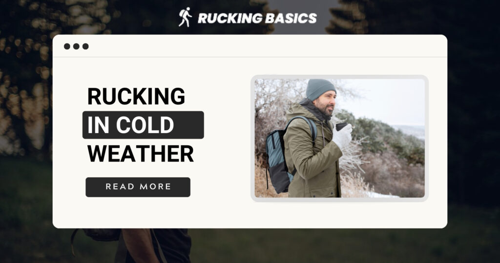 A man dressed in winter gear rucking through a snowy landscape, holding a warm drink, promoting an article about rucking in cold weather.