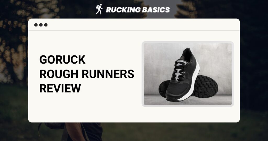 A pair of black running shoes with rugged soles is displayed alongside text promoting a review of the GORUCK Rough Runners.