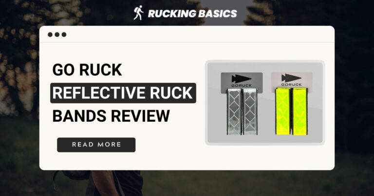 A webpage banner featuring the title 'Go Ruck Reflective Ruck Bands Review' with images of two reflective ruck bands, one in gray and the other in neon yellow, displayed on the right side. The background shows a darkened outdoor setting, and a 'Read More' button is centered below the title.