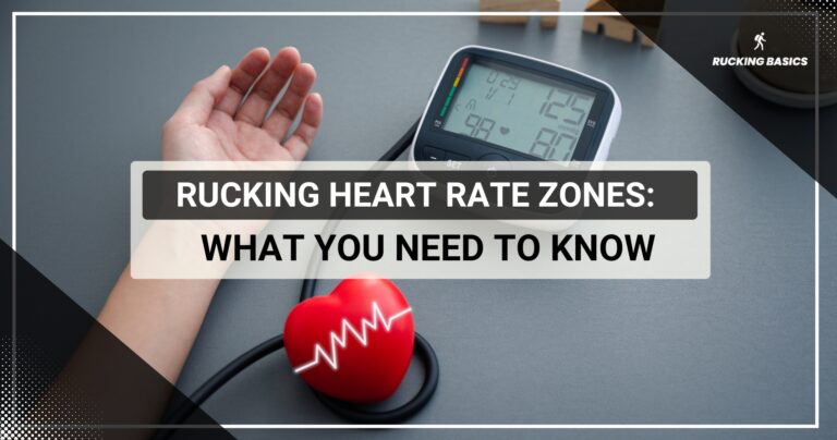 A hand rests near a heart rate monitor and a heart-shaped object, with text explaining rucking heart rate zones.