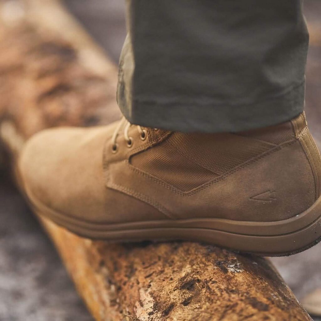 A close-up of black GORUCK MACV-1 boots.